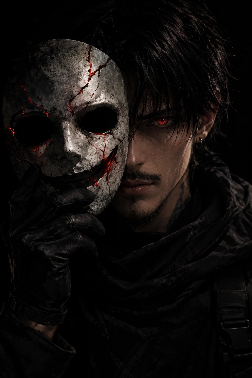 LoverBoi’s dark-haired persona holding a cracked silver mask, with ember-red fissures and a glowing red eye.